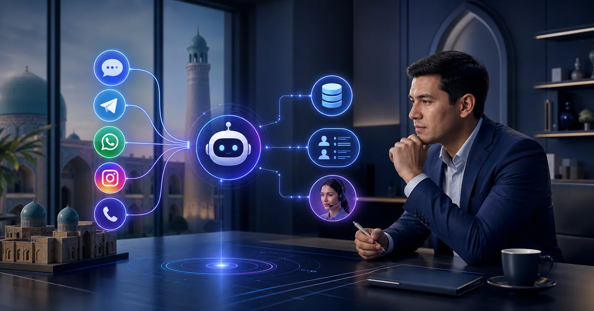 Владелец бизнеса в Узбекистане проектирует AI-бота с каналами, CRM и передачей менеджеру