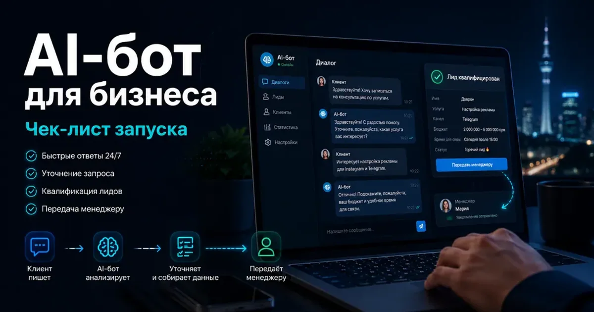 Схема запуска AI-бота: диалог, квалификация заявки и передача менеджеру