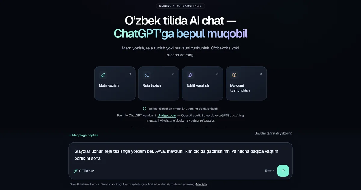 GPTBot.uz AI chatida slayd rejasi uchun tayyor so‘rov