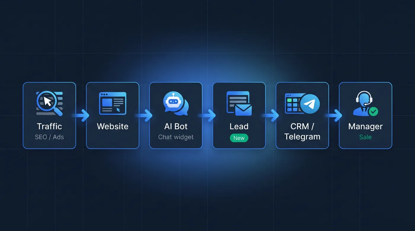 Схема сайта для заявок: трафик, сайт, AI-бот, CRM, Telegram и менеджер